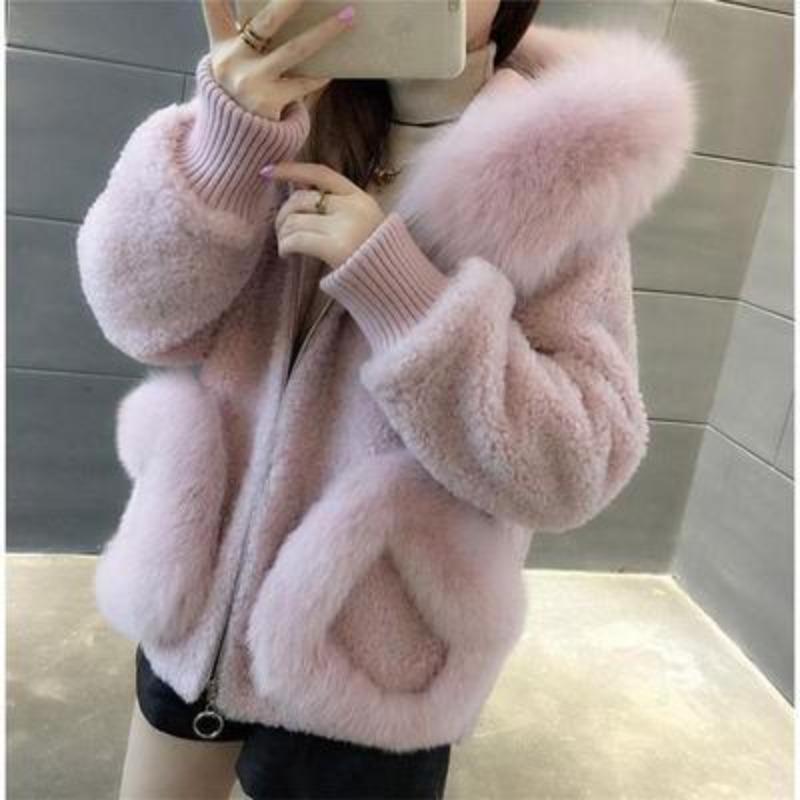 New Style Imitation Fox Fur Collar Imitation Shearling Fur Coat for Women Autumn and Winter Korean Style Hooded Short Coat