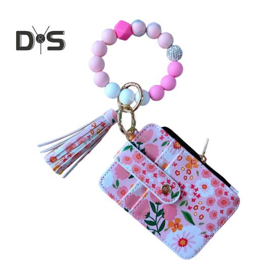 Damen-Geldbörse mit Blumenmuster, Boho-Stil, Münzbörse, Schlüsselanhänger mit Quaste, elastischer Armband-Geldbörse mit Perlen und Sichtfenster für Ausweise, zum Einkaufen, Reisen, Alltag