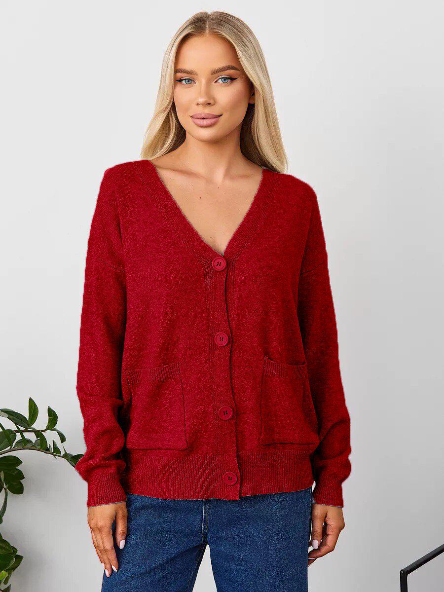 2025 European & American Autumn V-Neck Long-Sleeve Knitted Women s Cardigan Sweater Extra Large красный