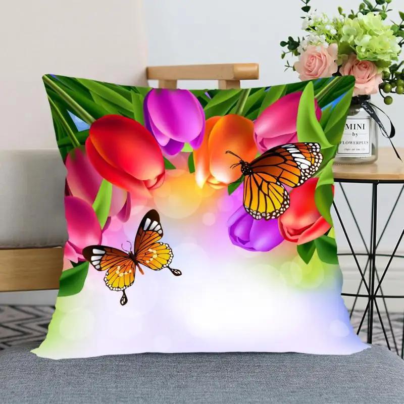 Tulip Flower Pillowcase Bedroom Home Office Decorative Square
