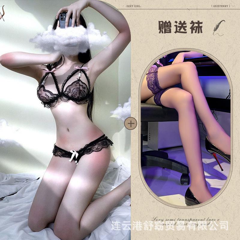 Sex underwear pearl underwear bra temptation transparent polyester women's three-point open crotch milk hair