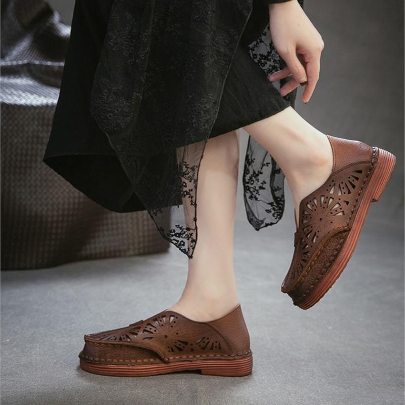 Johnature Genuine Leather Retro Hollow-out Breathable Sandals Versatile Comfortable Women's Slip-on Shoes