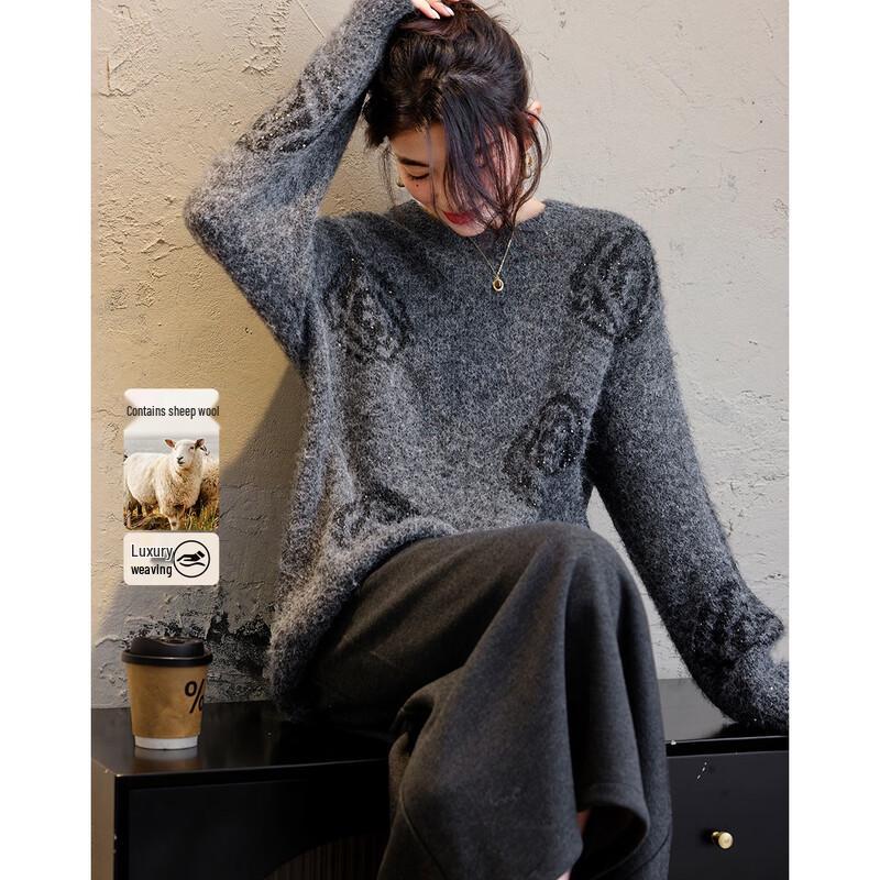 Demana Sequin Rose Knit Sweater with Lamb Wool
