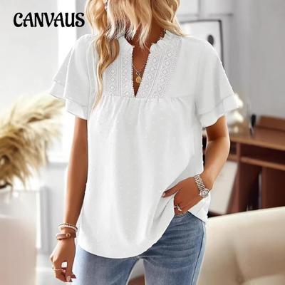 Elegant Vacation Style Deep V Lace Short-sleeved Women's Shirt for Spring and Summer