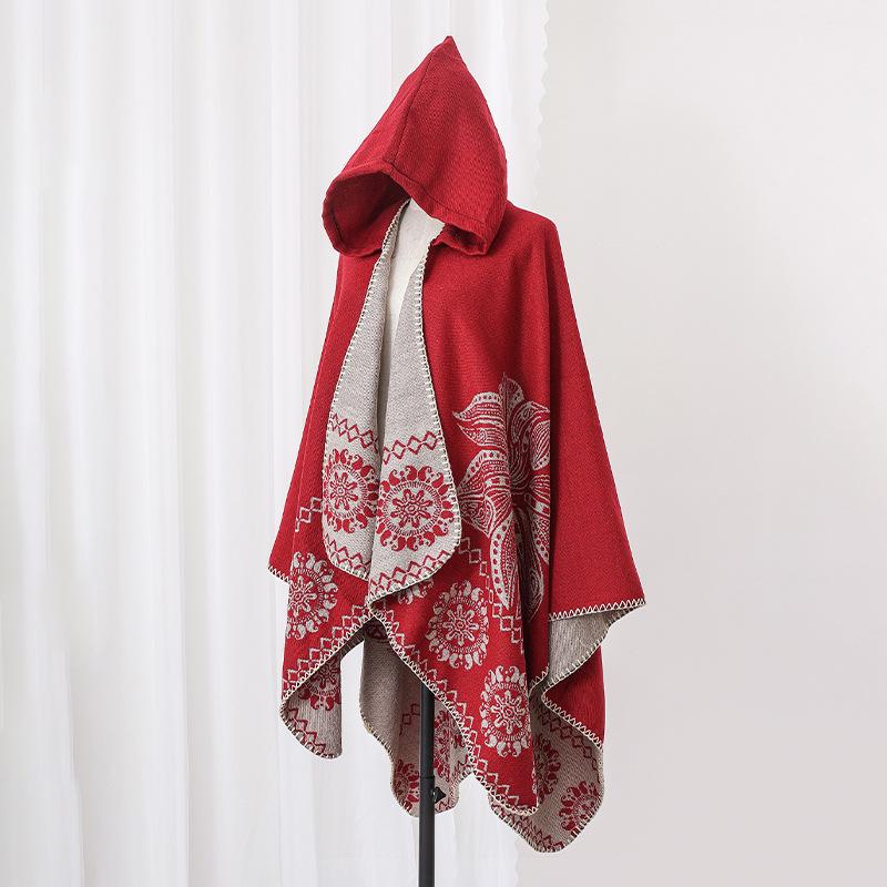 Winter Women Scarf Hooded Layers Poncho Elegant Lady Retro Floral Print Warm Wrap Shawl Scarve Capa Para Mujer Pashmina Cloak