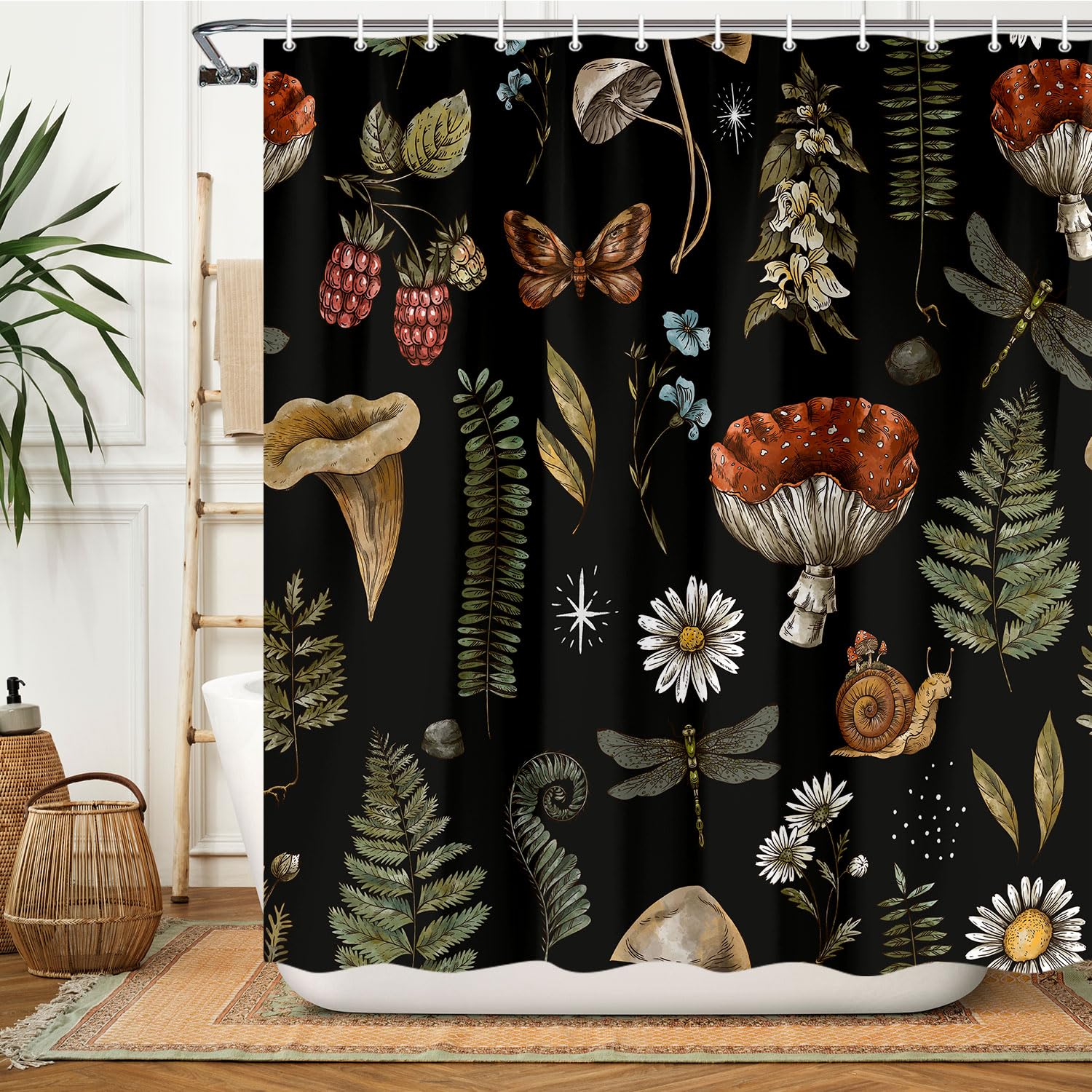Vintage Mushroom Shower Curtain Botanical Mushroom Fern Forest Plants Fabric Shower Curta for Bathroom Boho Shower Curtain (as the picture,W90xH180cm-35x70in)