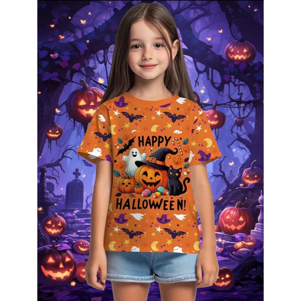 Girl Clothes Funny Pumpkin Graphic T Shirt Halloween Boys Girls Summer Short Sleeves T-Shirt 2-13y Halloween Gift Party T-Shirt