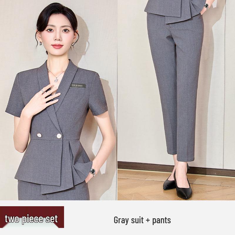 Women's Professional Short Sleeve Summer Suit – Elegant Formal Wear for Manager, Secretary, Hotel Front Desk, and Reception Work.