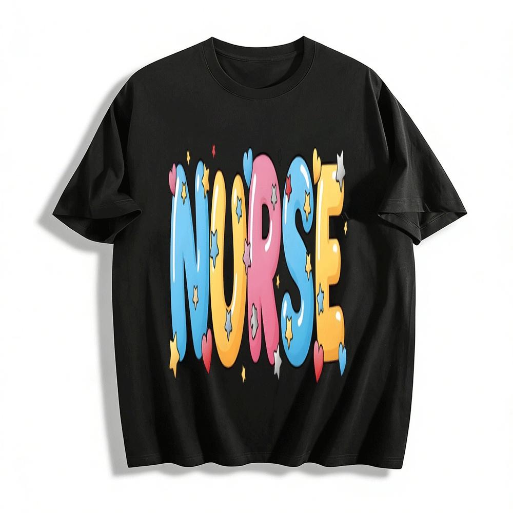 Cute Nurse Themed Print Casual T-Shirt Star Heart Pattern Top For Medics Pure cotton T-shirt XXS