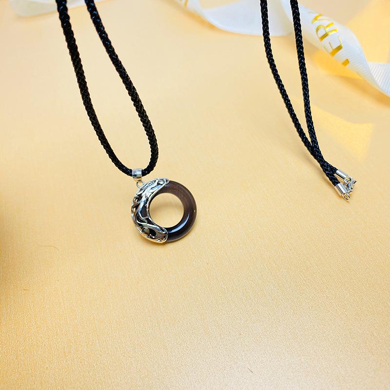 Oriental Dragon Pattern Necklace: S925 Sterling Silver with Black Agate, Zodiac Year of the Dragon Jewelry for Men and Women. S925 Silver