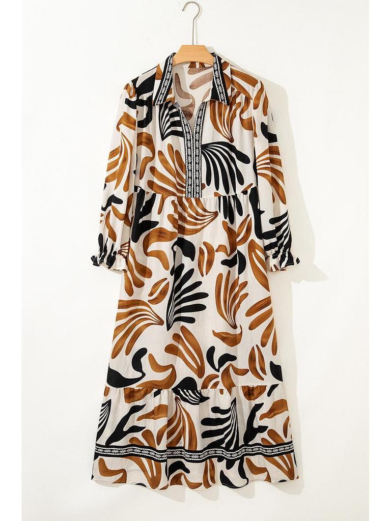 2025 Winter Plus Size Abstract Print Long Sleeve Dress - European & American Fashion