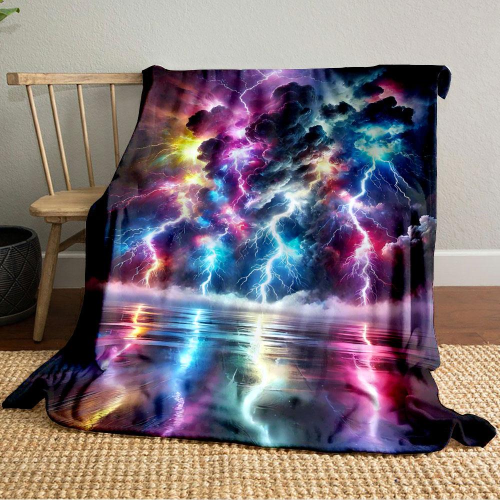 Vivid Lightning Bolts Illuminate Colorful Clouds with Reflections In Water. for All Seasons Blanket Lunch Break Throw Gift