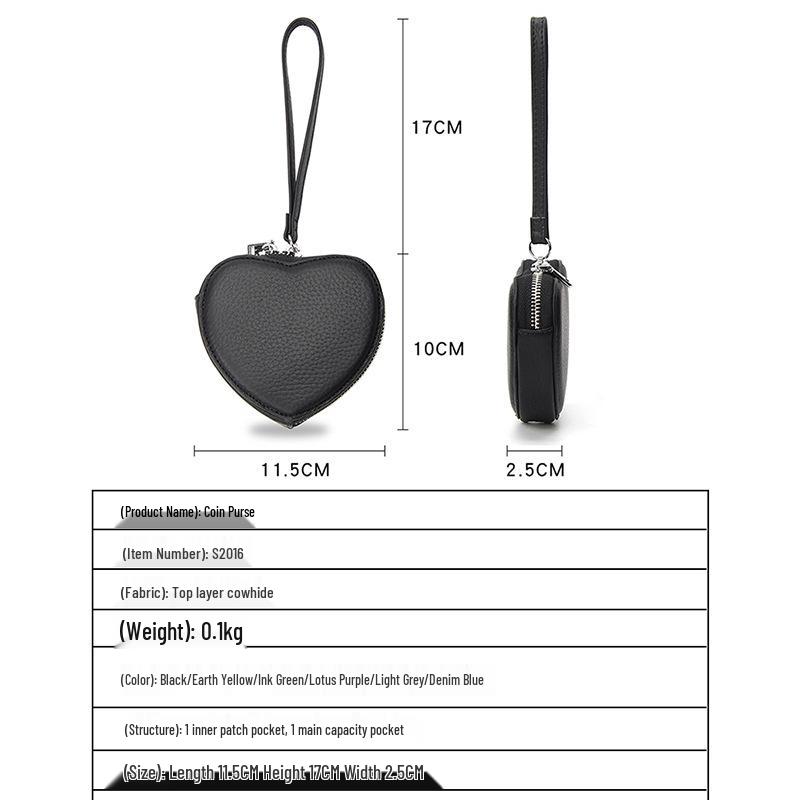Geldbörse aus Rindsleder in Herzform im koreanischen Stil: Niedliche Echtleder-Geldbörse für Münzen, Kopfhörer, Lippenstift und mehr