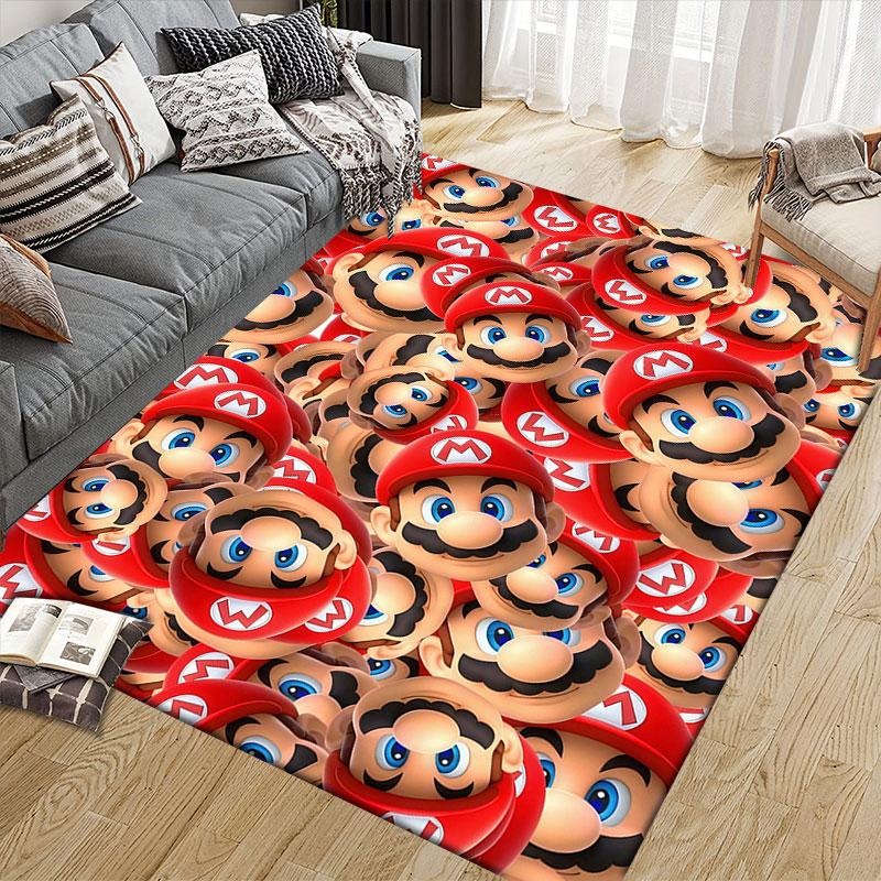 Mario Cartoon Flannel Printed Carpet, Home Sofa Decoration for Living Room & Bedroom, Non‑Slip Play Flannel Floor Mat for Game Room