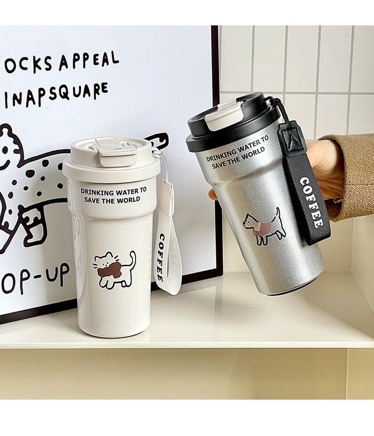 Caneca de Café de Gato Fofo Com Design Isolado de Aço Inoxidável Para Uso em Casa e no Escritório