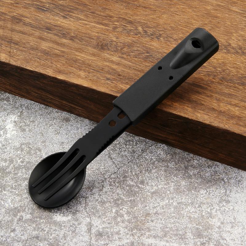 5-in-1 Camping-Besteckset aus Edelstahl Löffel Gabel Messer Flaschenöffner Überlebenspfeife -16cm Kompaktes EDC-Werkzeug für Wandern Picknick Kältefest