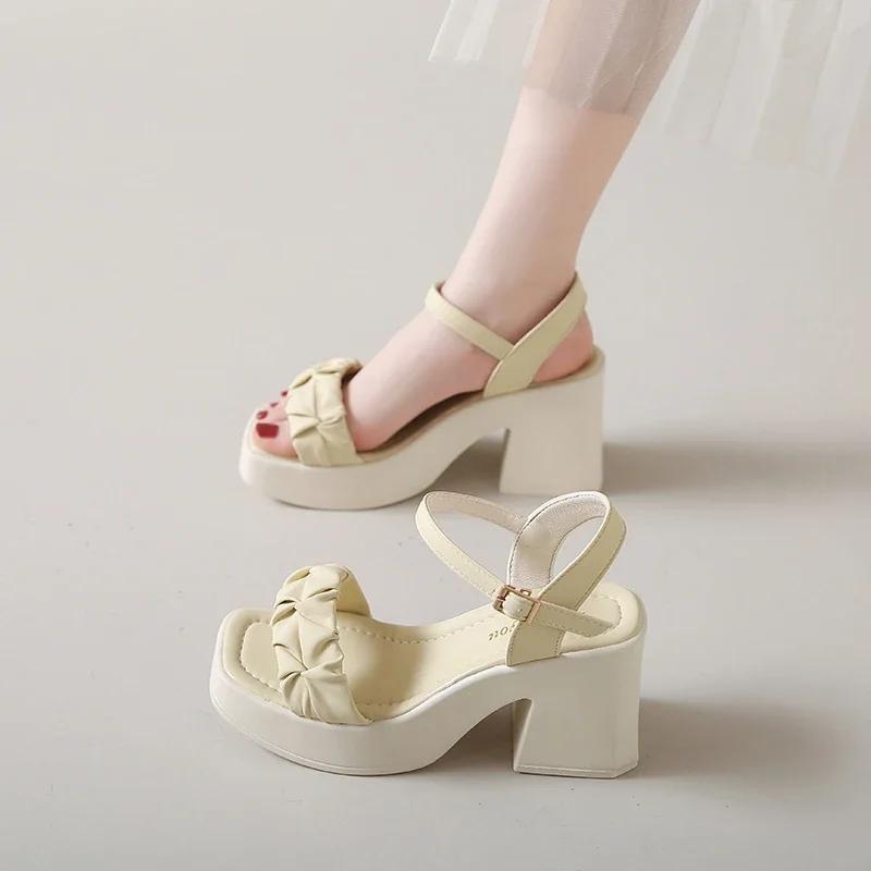 Fashion Elegant Woman Heeled Shoes Open Toe Women's Sandals Summer Dress Women High Heels Pleated Buckle Strap Chunky Heel Ladies Sandal