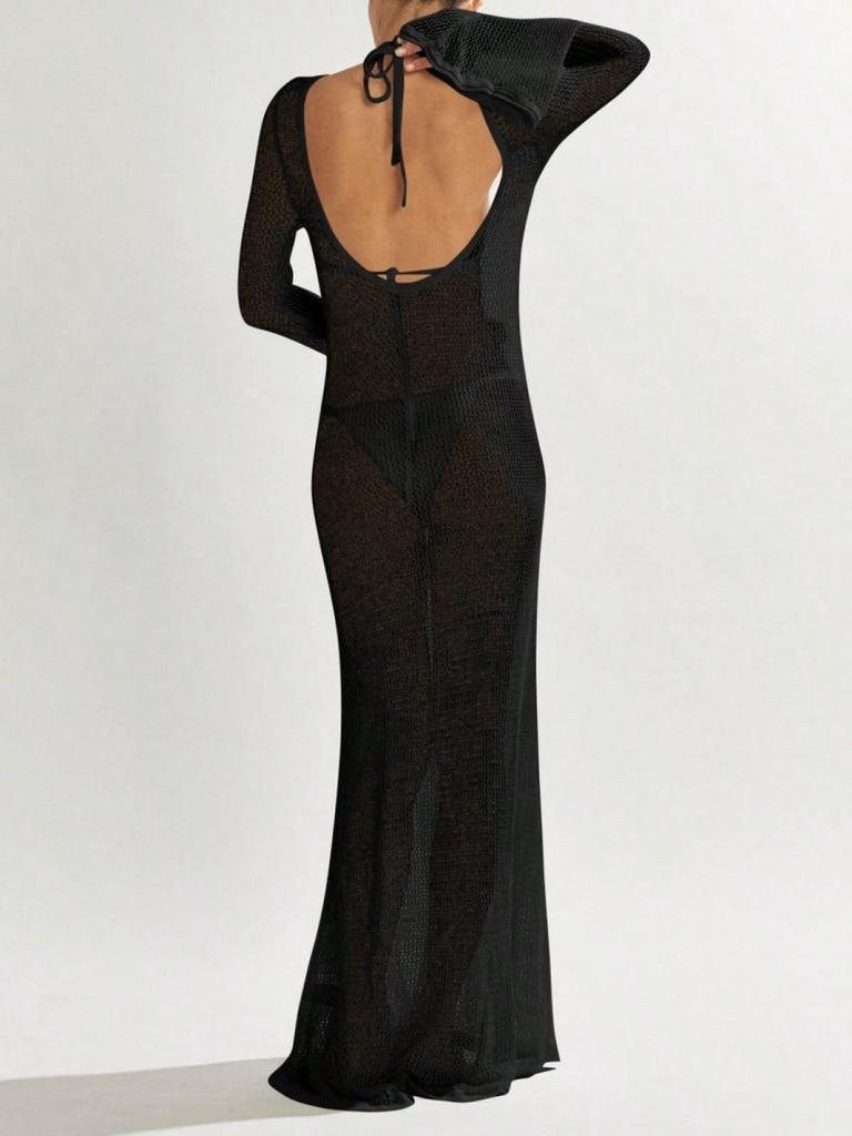 Women's Crochet Long Sleeve Backless Mesh Knit Swimsuit Cover Up Beach Maxi Dress