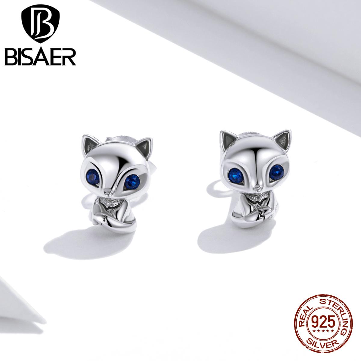 

BISAER Натуральное серебро 925 пробы милые серьги-гвоздики с лисьим цирконом для женщин и девочек, подарочные ювелирные изделия 925 silver