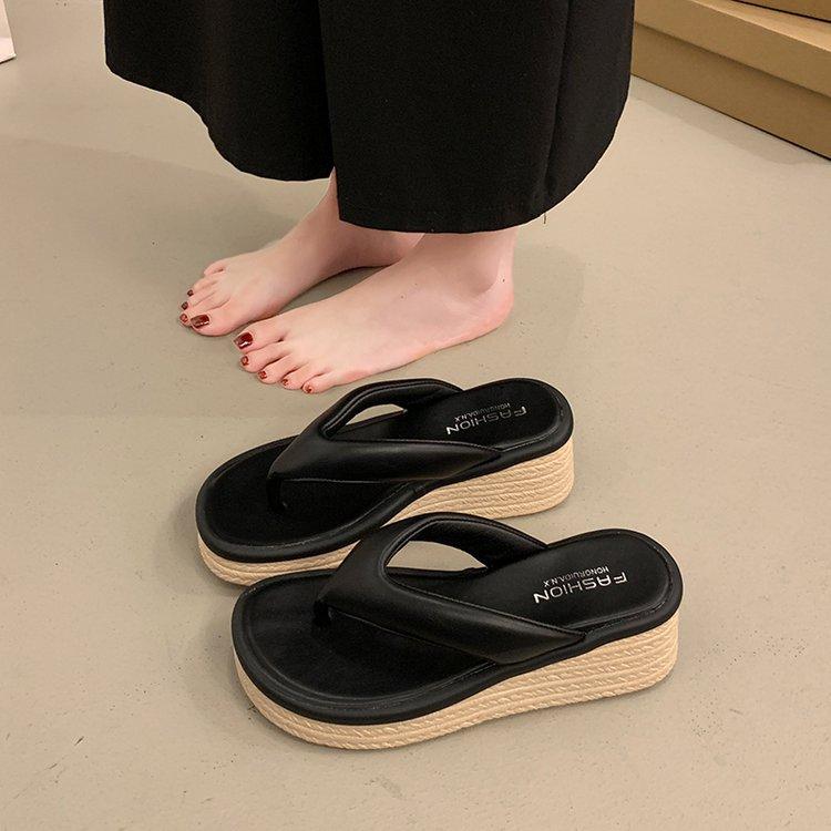 

Thick-bottomed flip-flops women s fashion outer wear 2025 summer new hemp rope heightened slope heel small man pinch foot cool slippers 35 чёрный