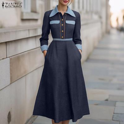 Women Casual Turn Down Collar Loose Long Sleeve Dress