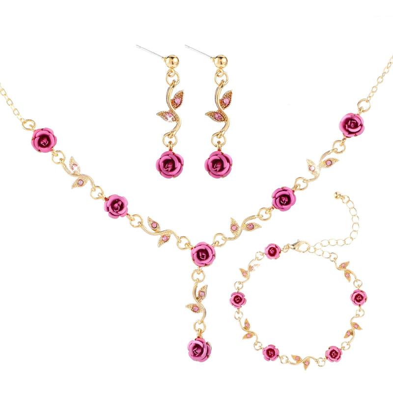 French Romantic Rose Flower Necklace Bracelet Earring For Women Jewelry Accessries Gifts