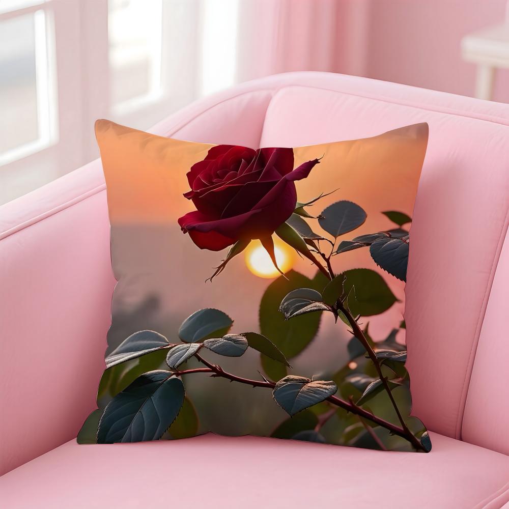 Romantic Red Rose Floral Cushion Cover Pillowcase Short Plush Invisible zipper Room Sofa Cushion Cover