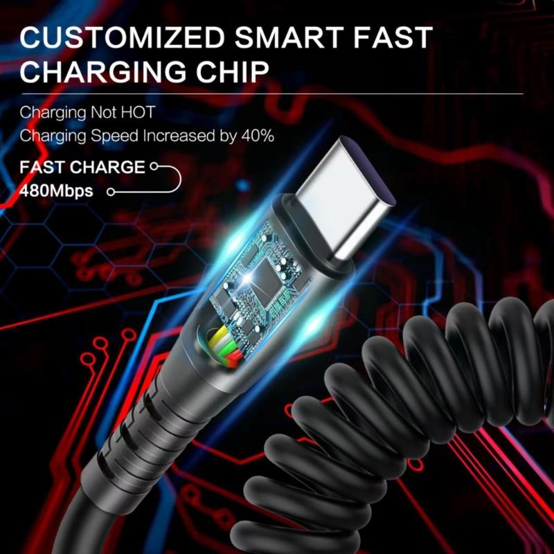 USB Type-C Cable Fast Charging Charger Type C USB C Coiled Retractable Phone Car Charging Cord Type A to C