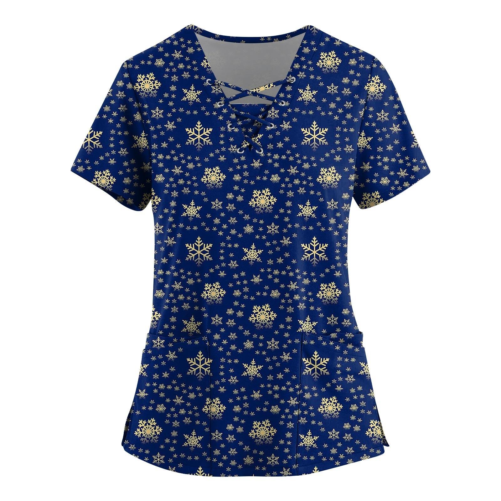 Women s Christmas Printed Short-sleeved Lace-up V-neck Pocket Overalls Top S