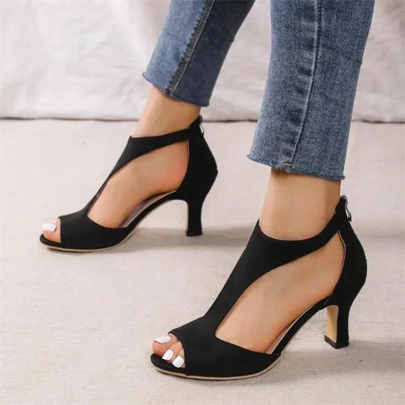 Fashion 2025Shoes New Women High Quality Summer Woman Sandals Solid Color Rome Flock Mid Heel Zipper Open Toe Beach Sandals Female