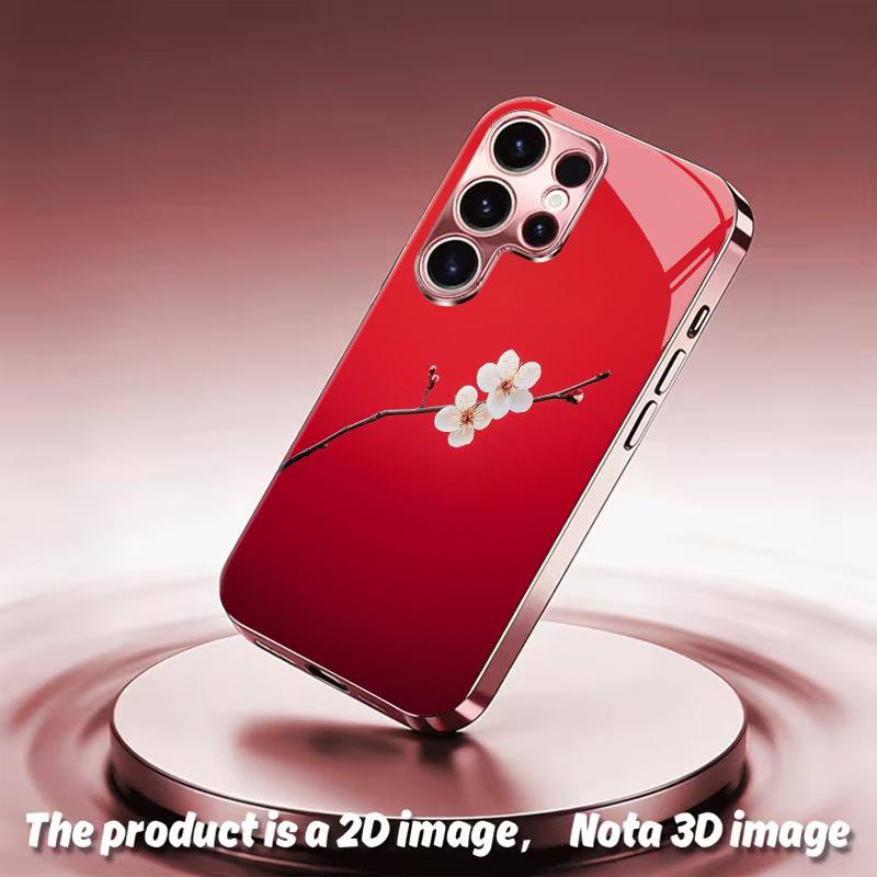 2DFlat Samsung electroplated tempered glass phone case,White Flower on Red Background Phone CaseSuitable for Galaxy S26 S23 S24FE S25ULTRA S22 S21