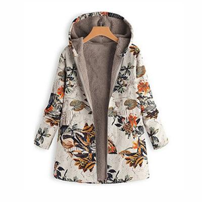Leaf Print Hooded Long Sleeved Cotton Coat Thickened Warm Loose Casual Women's Medium Length Jacket Autumn and Winter