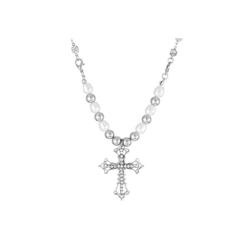 Nische Kreuz Anhänger Perlen Pullover Halskette Damen Süß Cool Babes Pulloverkette Hip Hop Schlüsselbeinkette Accessoires