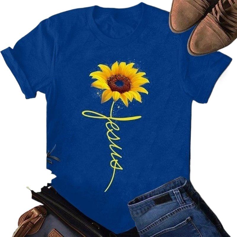 Women's Sunflower English Letter Print Round Neck T-Shirt - Short Sleeve Summer Top