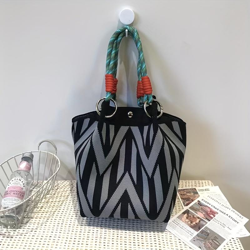 Women's Knit Bucket Bag with Magnetic Closure & Adjustable Rope Handles - Large Capacity Mixed Color Heart Pattern Tote, Durable Polyester Handbag