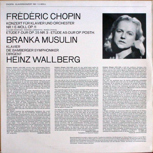 

LP Record CHOPIN, BRANKA MUSULIN, DIE BAMBERG - Konzert Fur Klavier Und Orchester N PL72283 Orbis Germany Classical Used