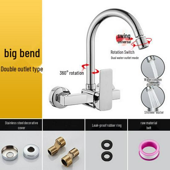 All-Copper Wall-Mounted Double-Hole Faucet for Kitchen and Balcony Sinks with Hot/Cold Mixer