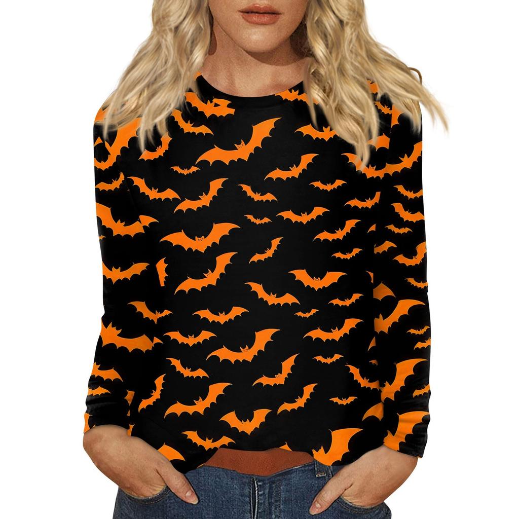Dámská módní ležérní halenka s potiskem Halloweenu, s kulatým výstřihem a dlouhým rukávem