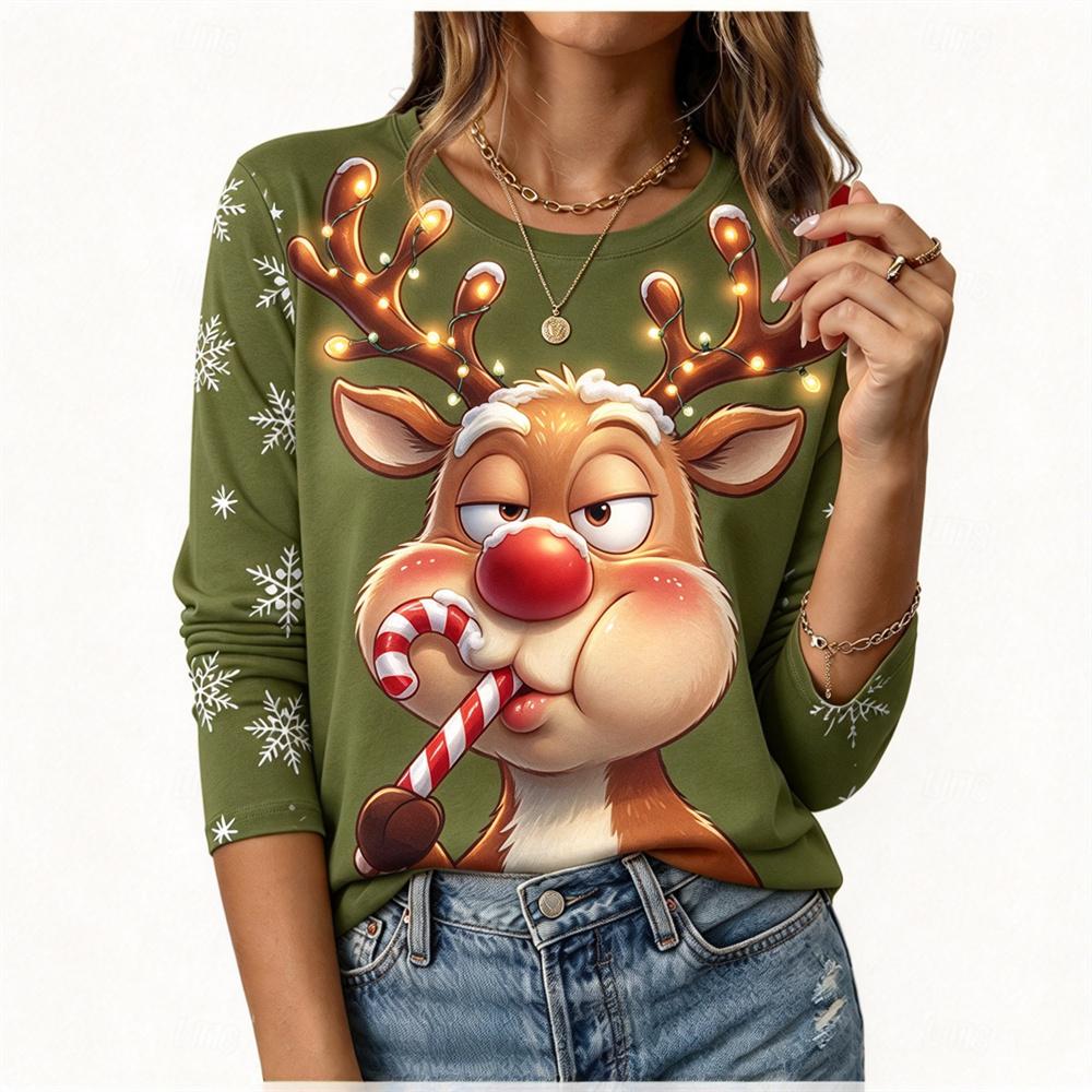 Funny Elk T-shirt Autumn/Winter Women's Christmas Long sleeved T-shirt Cotton Women Christmas Holiday Party Graphic T-shirt Tops