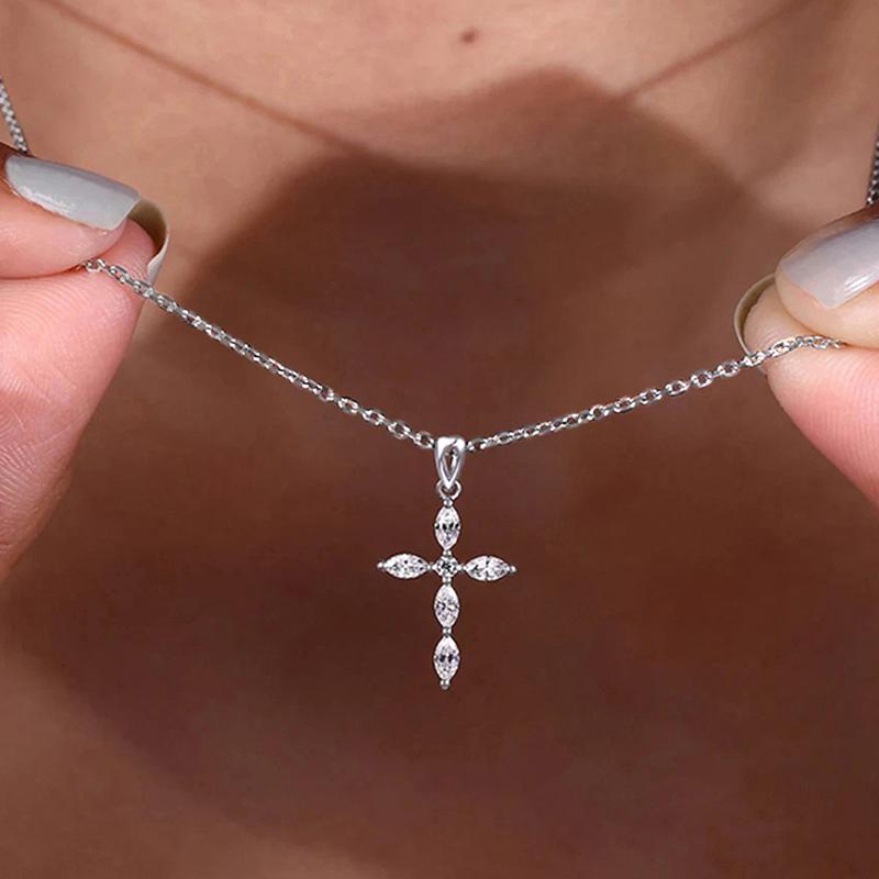 Huitan Exquisite Cross Shaped Pendant Necklace for Women Inlaid Sparkling Crystal Cubic Zirconia Daily Party Statement Jewelry