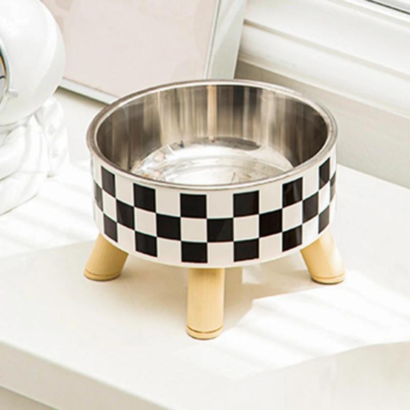 Pet Cat and Dog Bowl Polka-dot Plaid Stainless Steel Anti-slip Easy To Clean Indoor and Outdoor