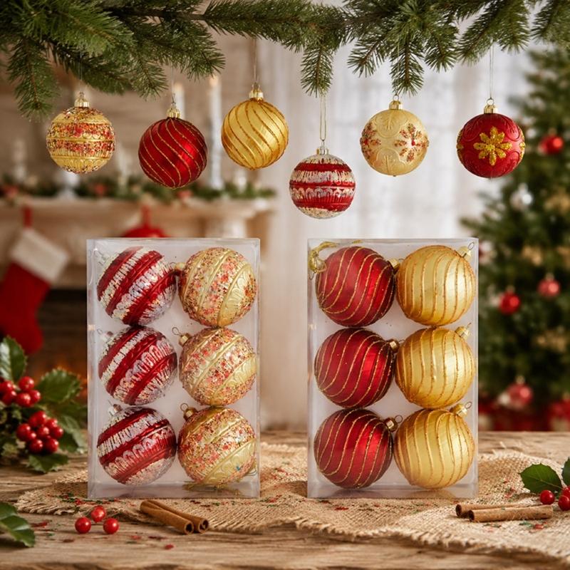 6 Christmas Baubles In a Single Package, PVC Holiday Decorations with Integrated Cords for Seasonal Display Placement