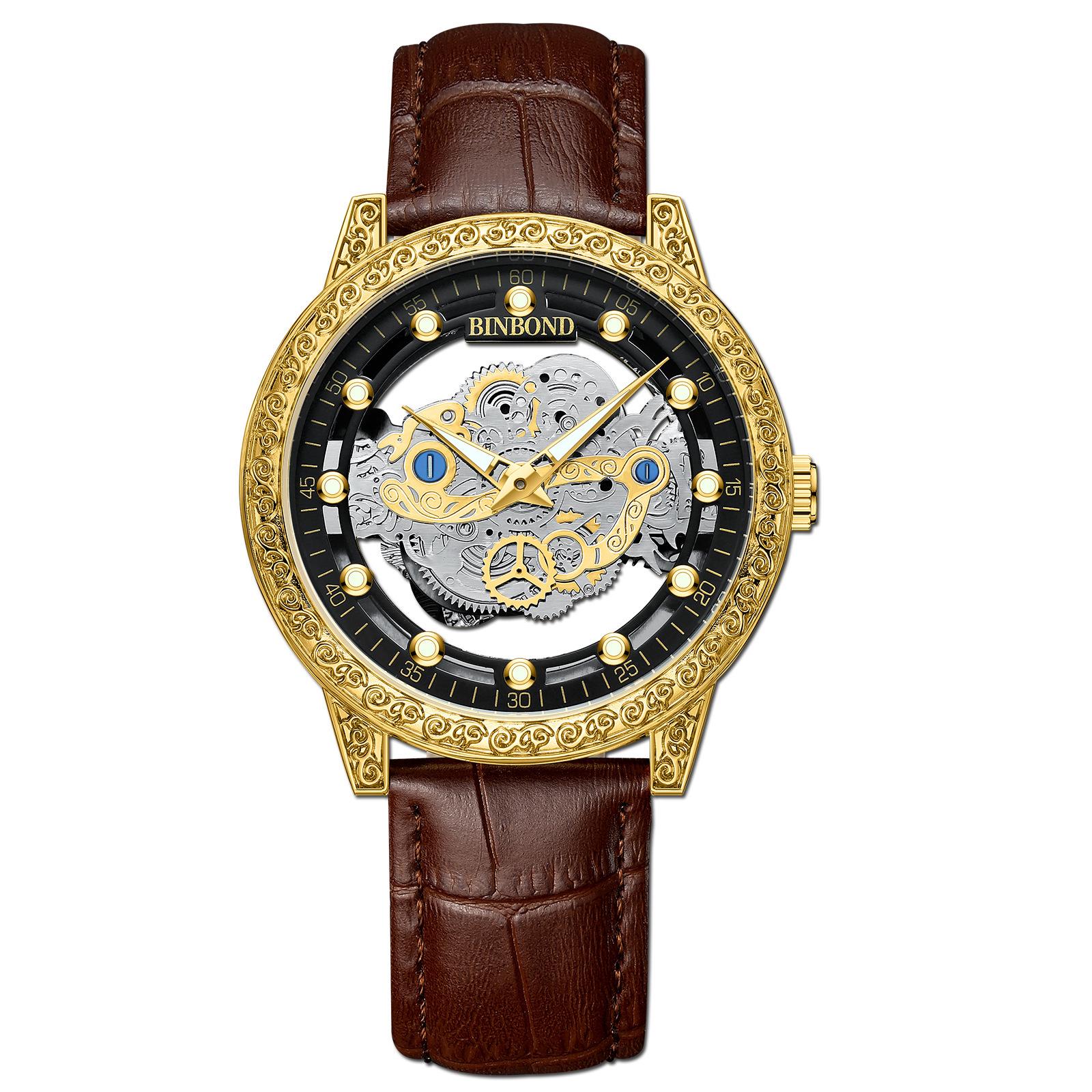 BINBOND Men s Trendy Hollow Quartz Stainless Steel Watch