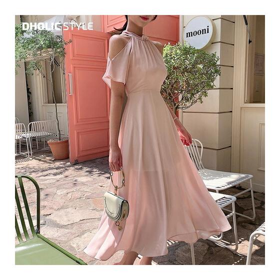 Halter neck cut shoulder dress, p411124 Women s [OPS] Dress, long length, short sleeves, halter neck, bare shoulders, showing skin, upper arm cover,