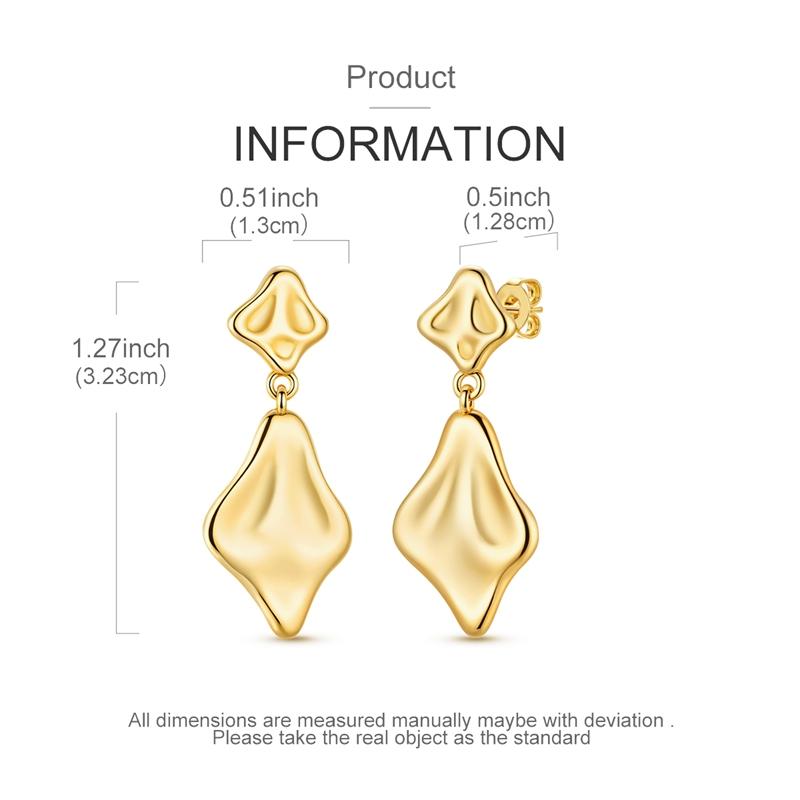 Original 925 Sterling Silver Golden Irregular Rhombus Pendant Stud Earrings For Women OL Style Jewelry Gift