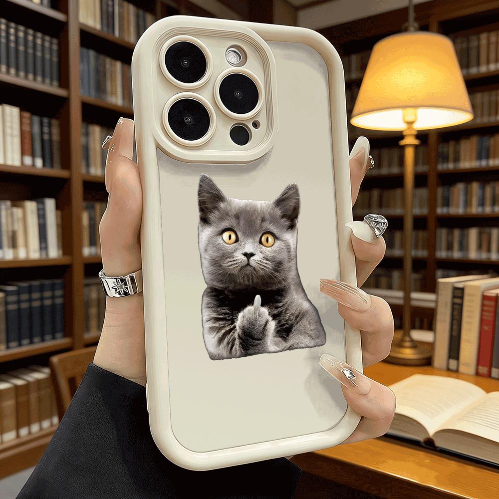 Gray Cat Giving Middle Finger Soft TPU Phone Case for iPhone 17 16 15 14 13 12 11 Pro Max Plus Shockproof Anti-Slip Cover