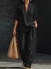 Vintage Style Women's Linen Suit: Loose V-Neck Top & Wide Leg Pants Two-Piece Set for Summer