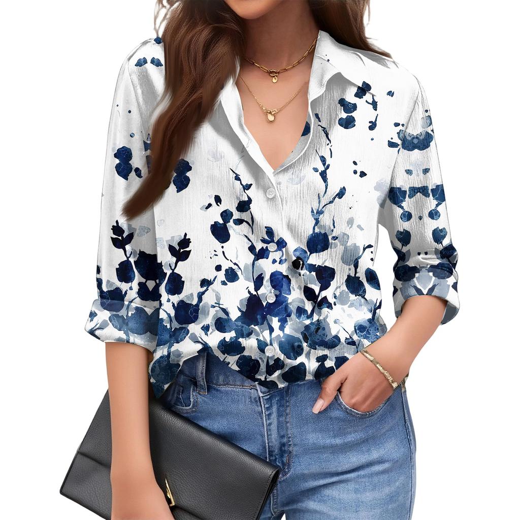 Women's Fashionable Casual Loose Floral Print Long,sleeved Shirt