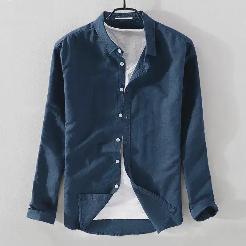 Pánská prodyšná bílá košile s dlouhým rukávem, slim fit, lněná, s ochranou proti slunci