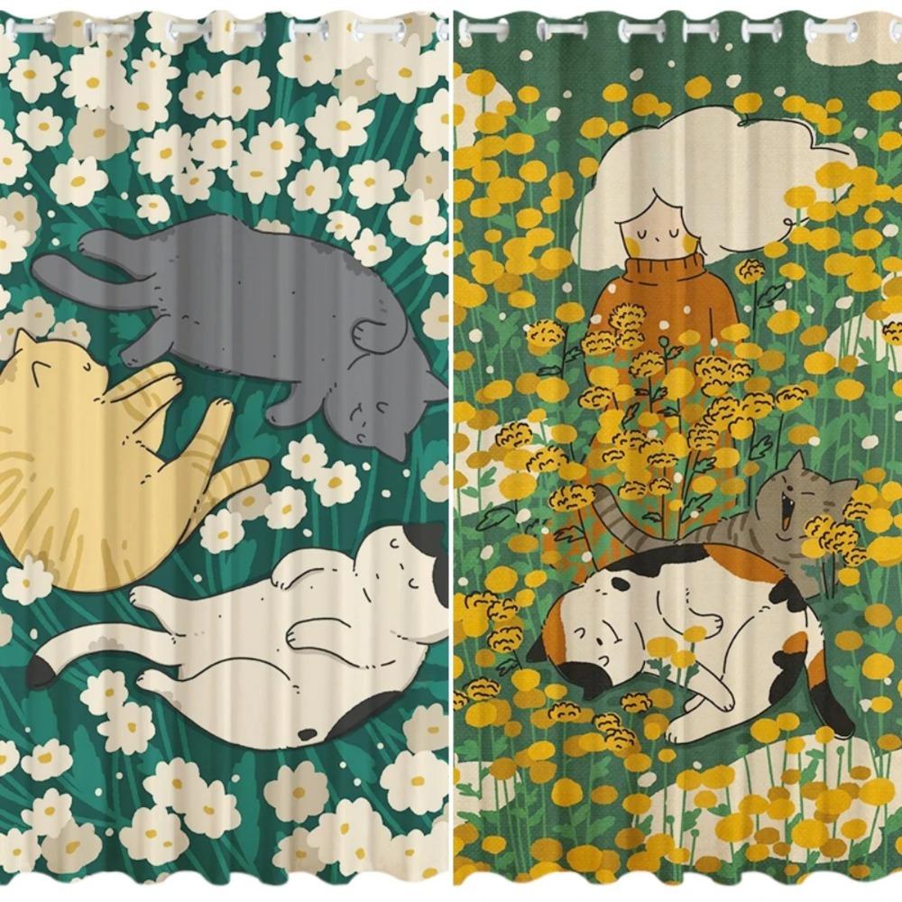Cute Cat Dog Cartoon High Blackout Curtain Flowers Pattern Bedroom Living Room Bay Window Thick Clackout Drape New Style C